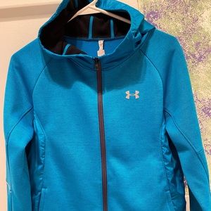 Underarmour kids size xl teal hooded jacket also has slots for fingers